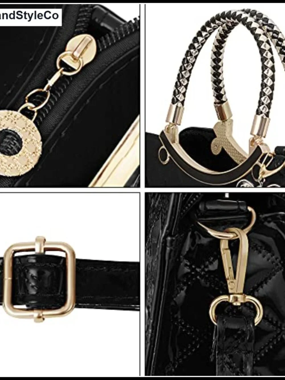 Women's Faux Leather Patent Satchel Handbag with Pearl Charm - Crossbody